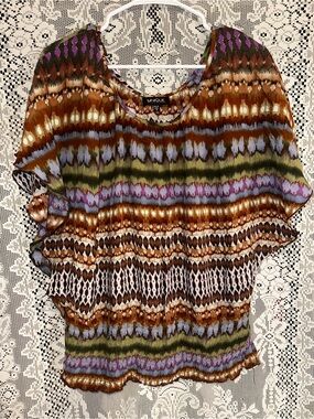 Nique Brown Green Purple Striped Ikat Flutter Sleeve Top